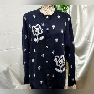 Vtg Susan Bristol Wool Sweater Cardigan XL Black White Embroidered Floral
